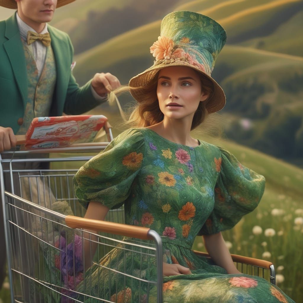 Whimsical Woman Rides Shopping Cart: Vibrant Oil Painting