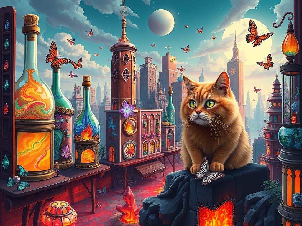 Surreal Cityscape of Rainbow Glass Buildings and Whimsical G...