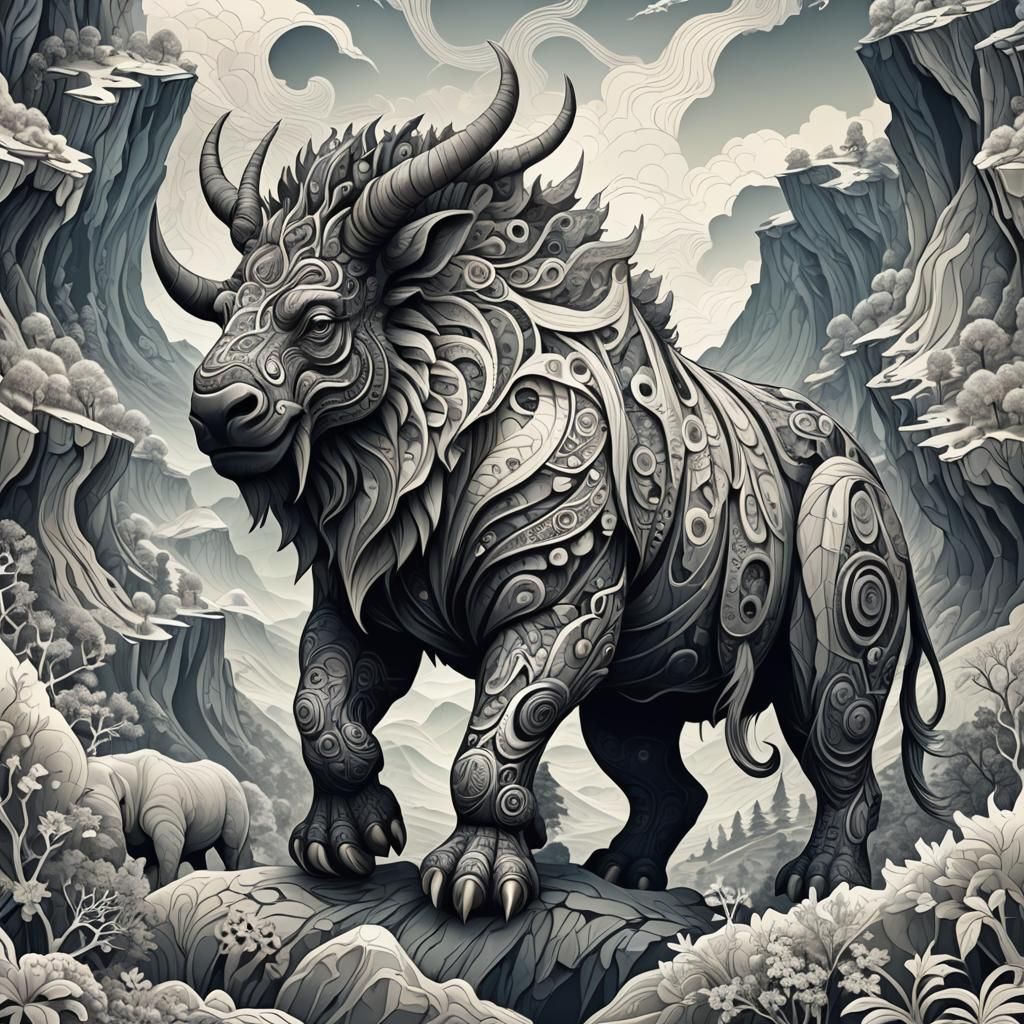 Fantasy Giant Animals in Mountain Landscape