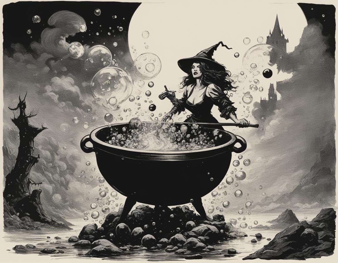 Sinister Witch's Cauldron in Frank Frazetta Style