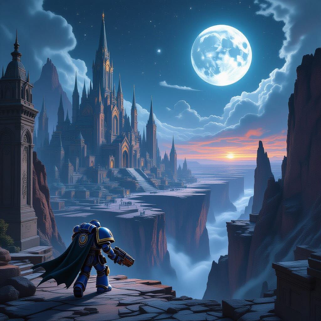 Chibi Space Marine Enters Alien City Under Twin Moons