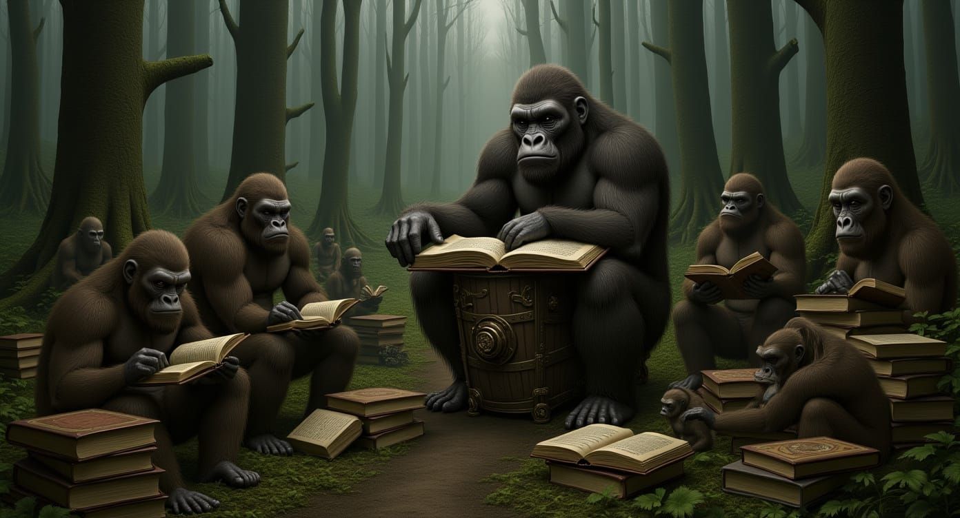 Rococo Gorillas Reading Philosophy in Misty Forest