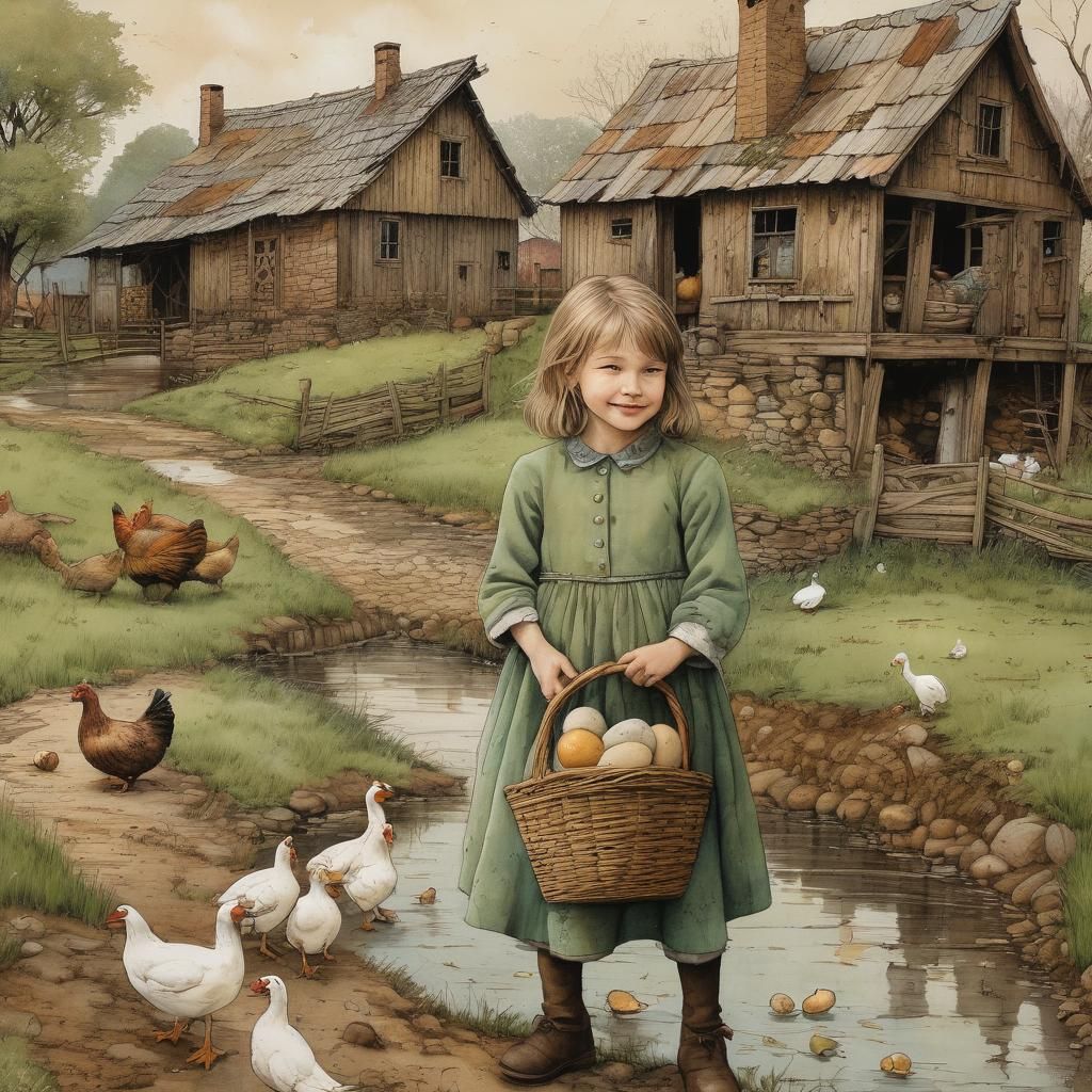 Quaint Farm Scene with a Little Girl and Chickens