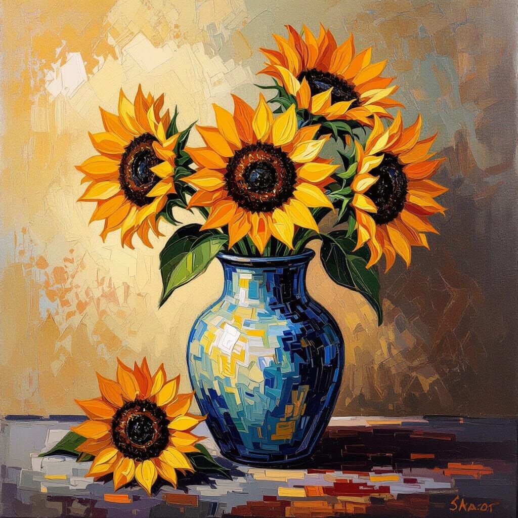 Vase of Sunflowers in Van Gogh Style with B&W Contrast