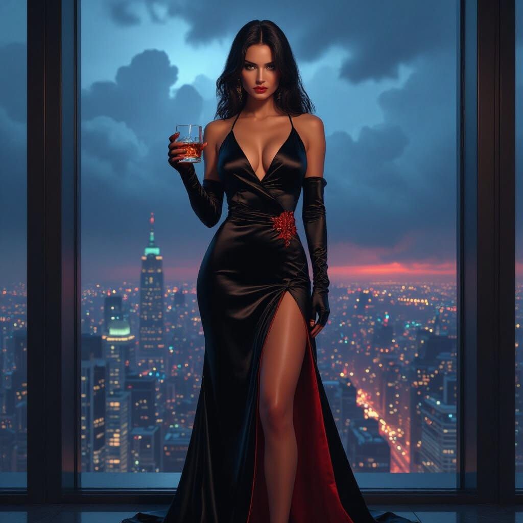 Confident Woman in Penthouse Overlooking Neon City