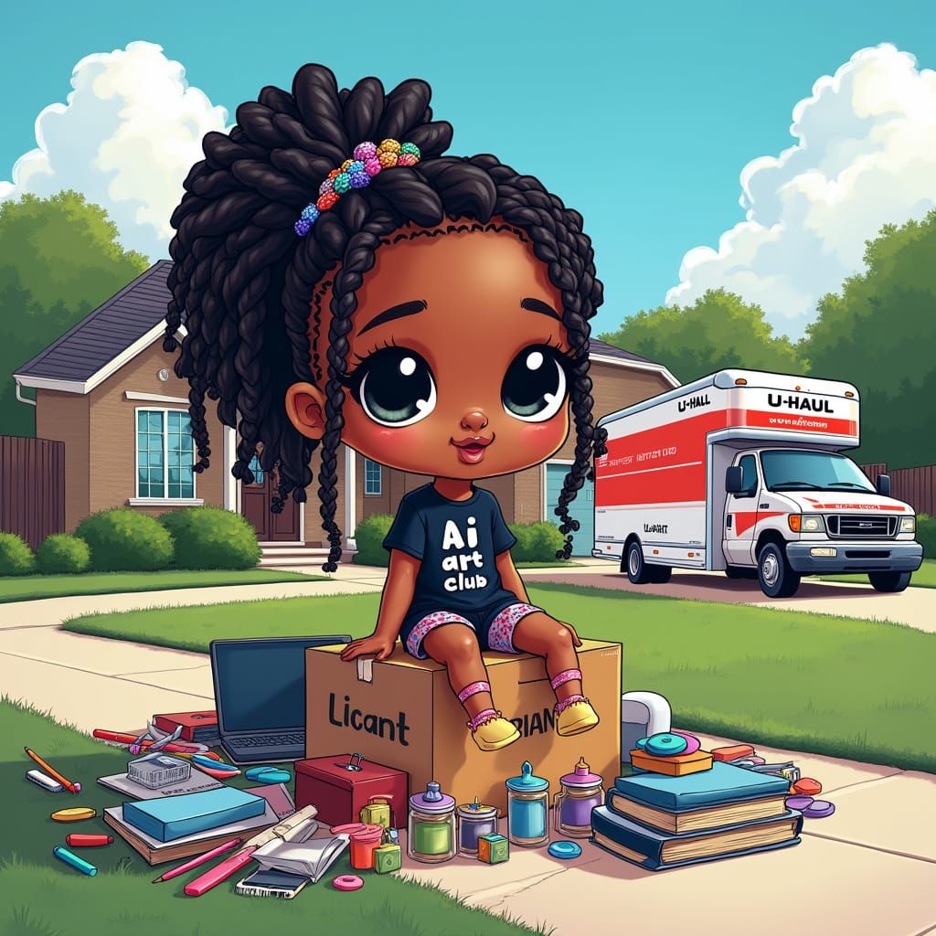 Chibi Girl Surrounded by Art Supplies in a Whimsical Suburba...