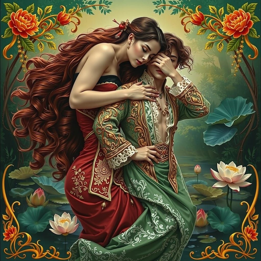 Embrace in Floral Costumes with Lace and Motifs