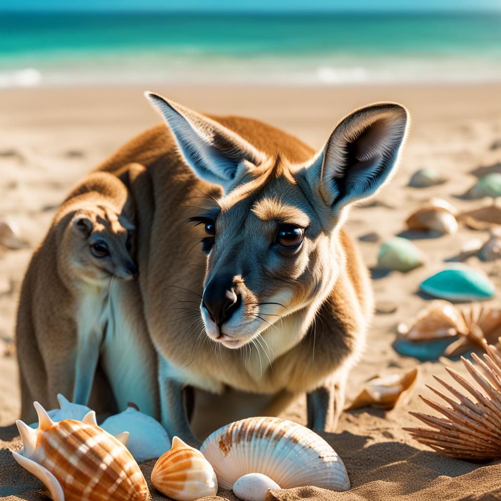 Kangaroo and Joey on a Turquoise Beach