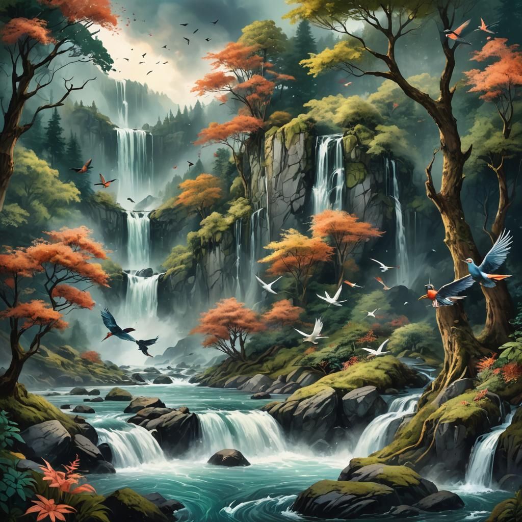 Lush Fantasy Waterfall Concept Art
