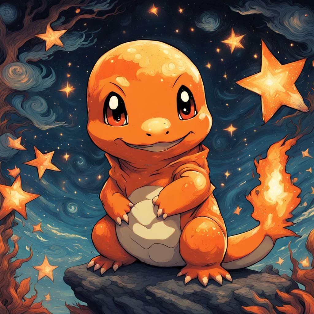 Chibi Charmander in Starry Night, Fantasy Illustration