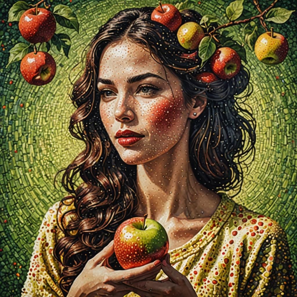 Woman Eating Apple in Pointillism Style