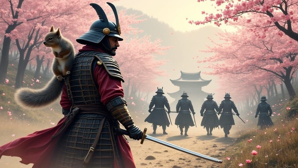 Samurai Battles Ninjas Beneath Cherry Blossoms in a Vibrant ...