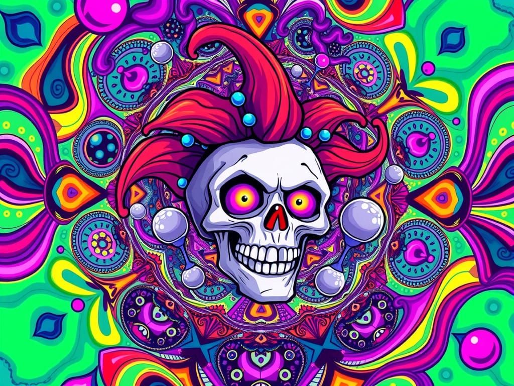 Vibrant Clown Skull Swept Away by Colorful, Swirling Maelstr...