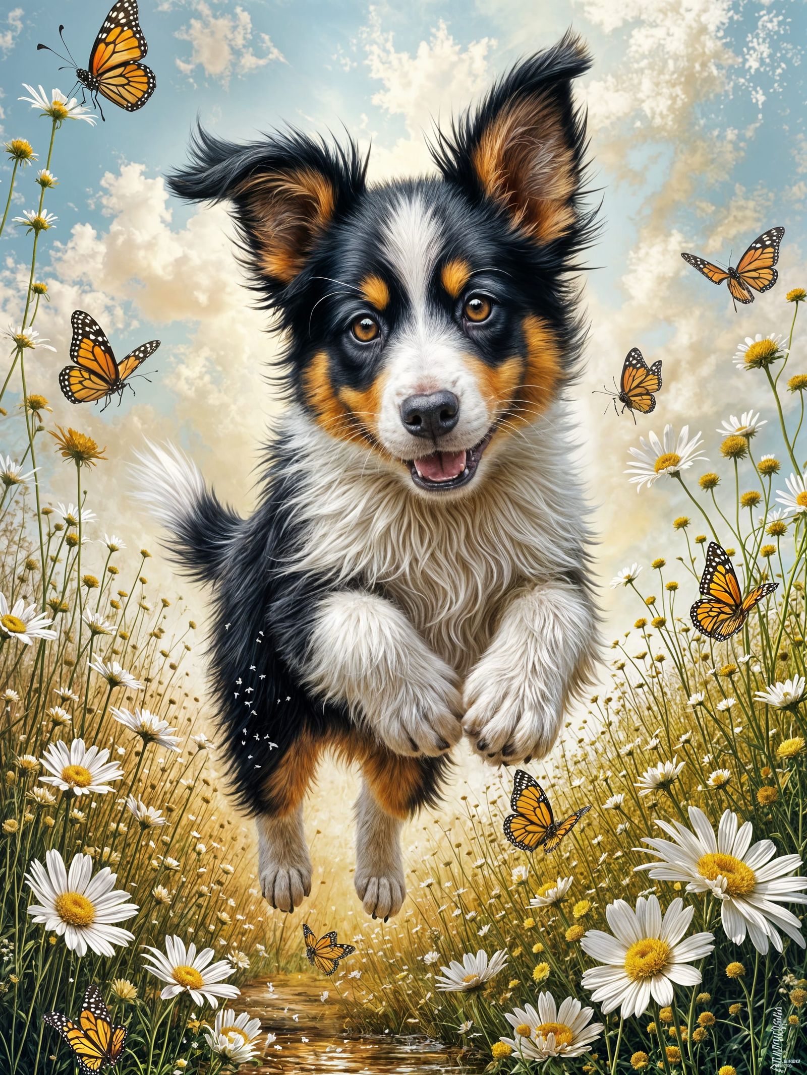 Border Collie Puppy in Daisies: Impasto Painting