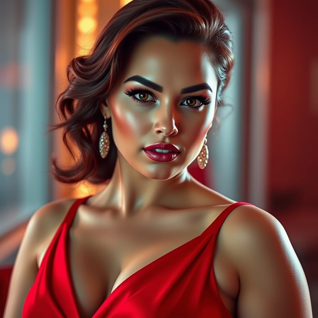 Stunning Red Dress Portrait in Futuristic Minimalist Style