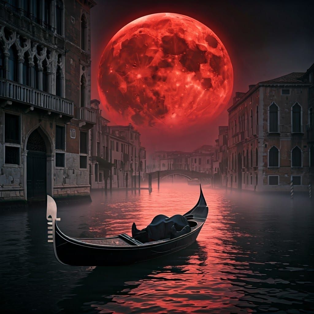 Venetian Gondola Under a Crimson Moon