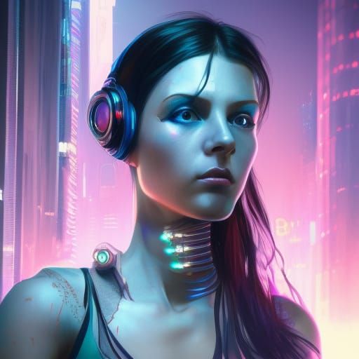 Cyberpunk Girl Portrait in Neon City, Digital Art