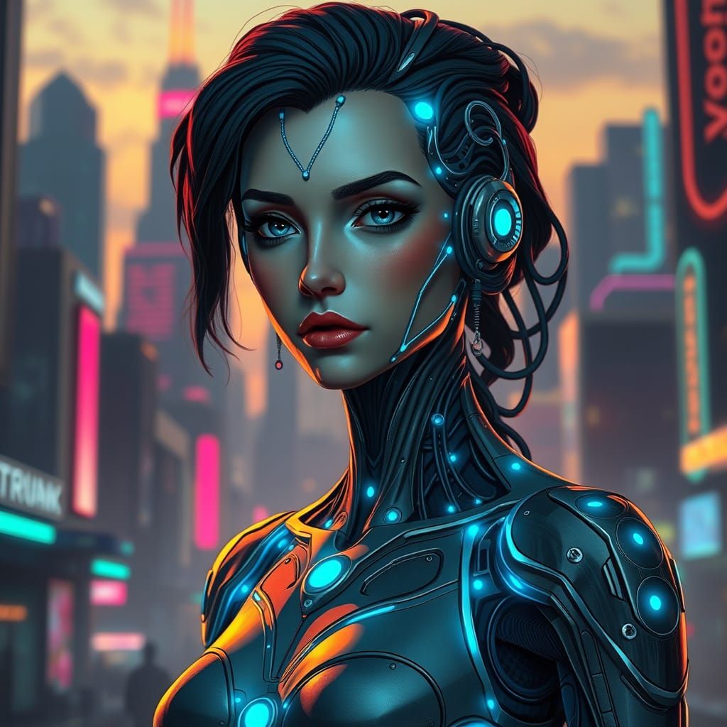 Futuristic Android in Neon Cityscape