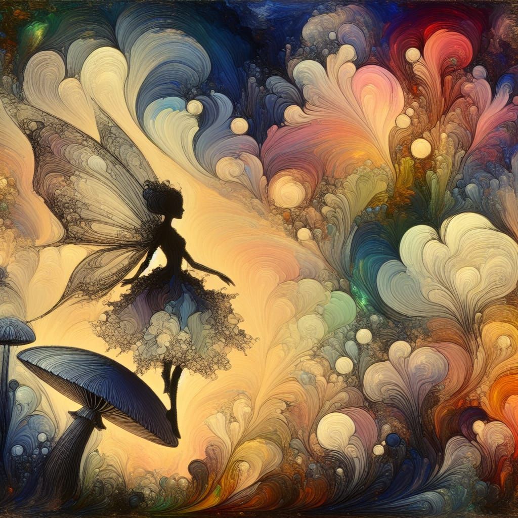 Fairy Silhouette on Mushroom, Tachisme Brushwork