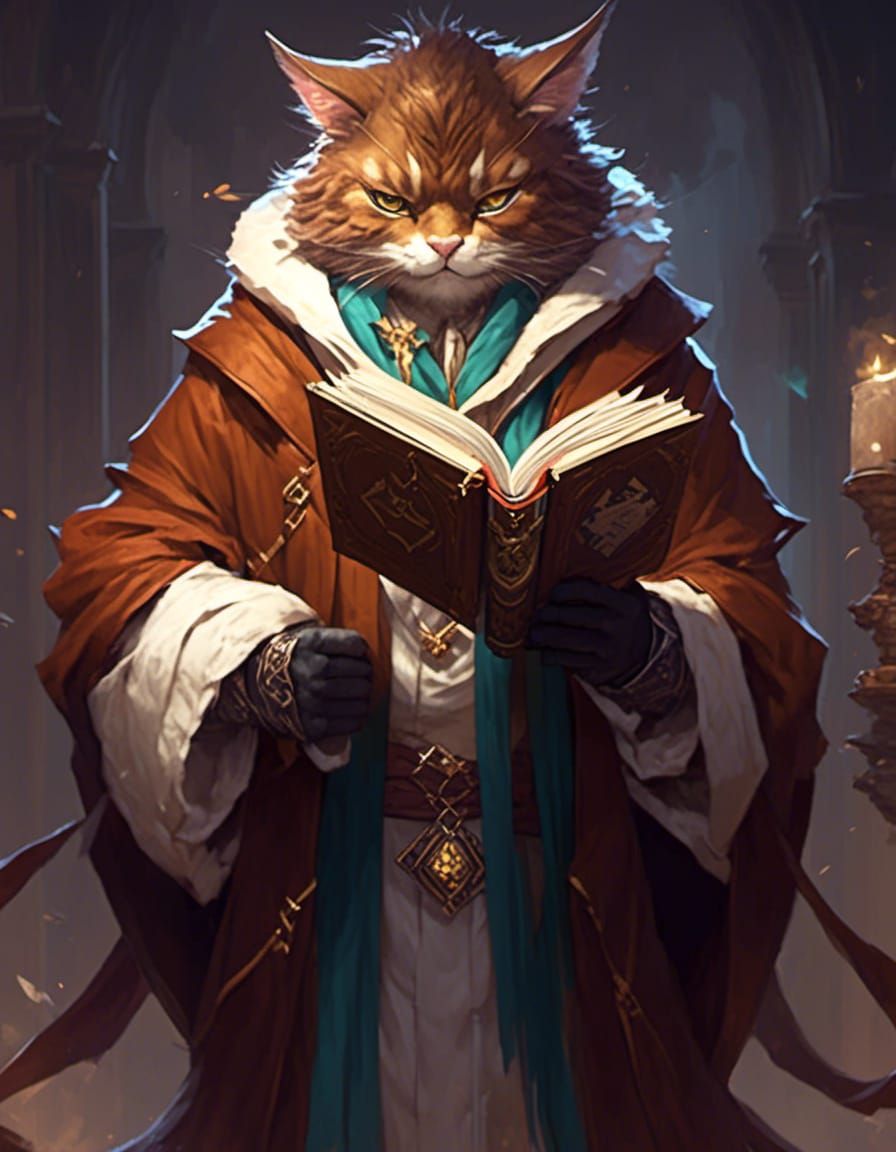 Catfolk Thaumaturge with Grimoire in Anime Style