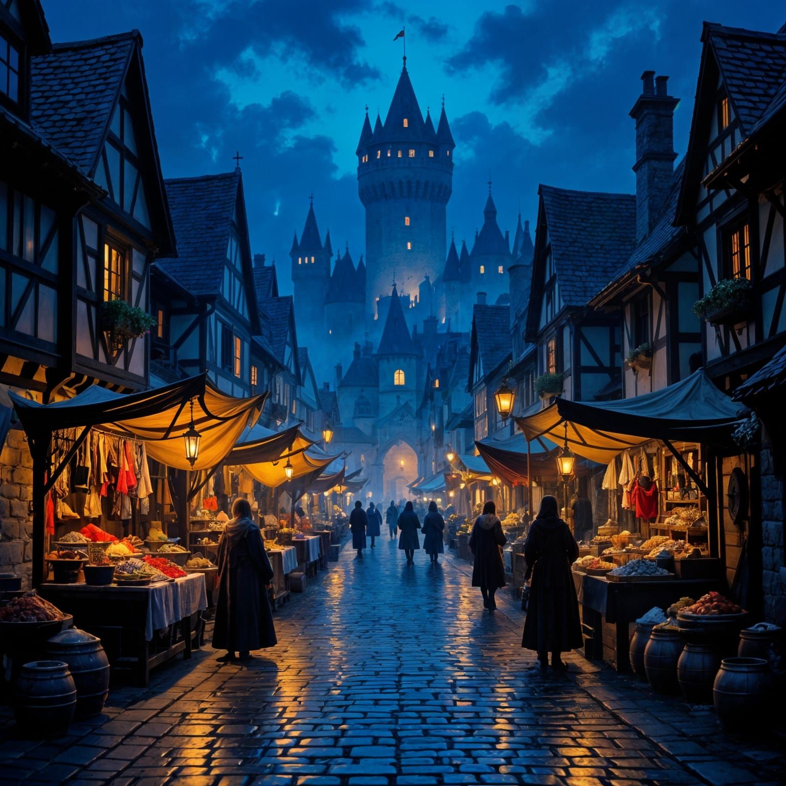 Medieval Market Twilight Scene with Castle