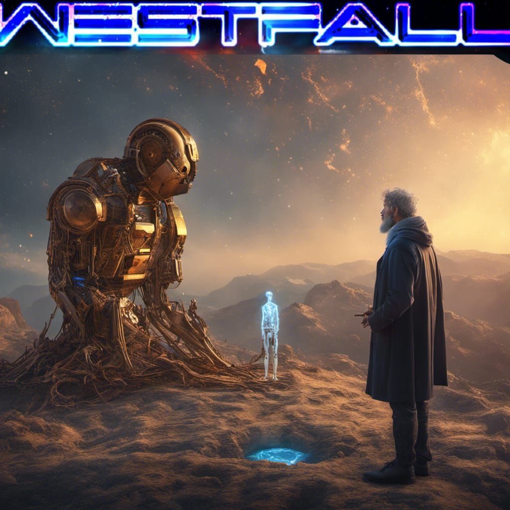 Renaissance Man Meets Robotic Deity, Digital Art