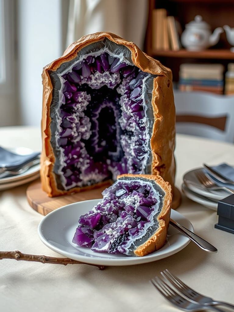 Amethyst Geode Cake Slice, Hyper-Realistic Digital Art