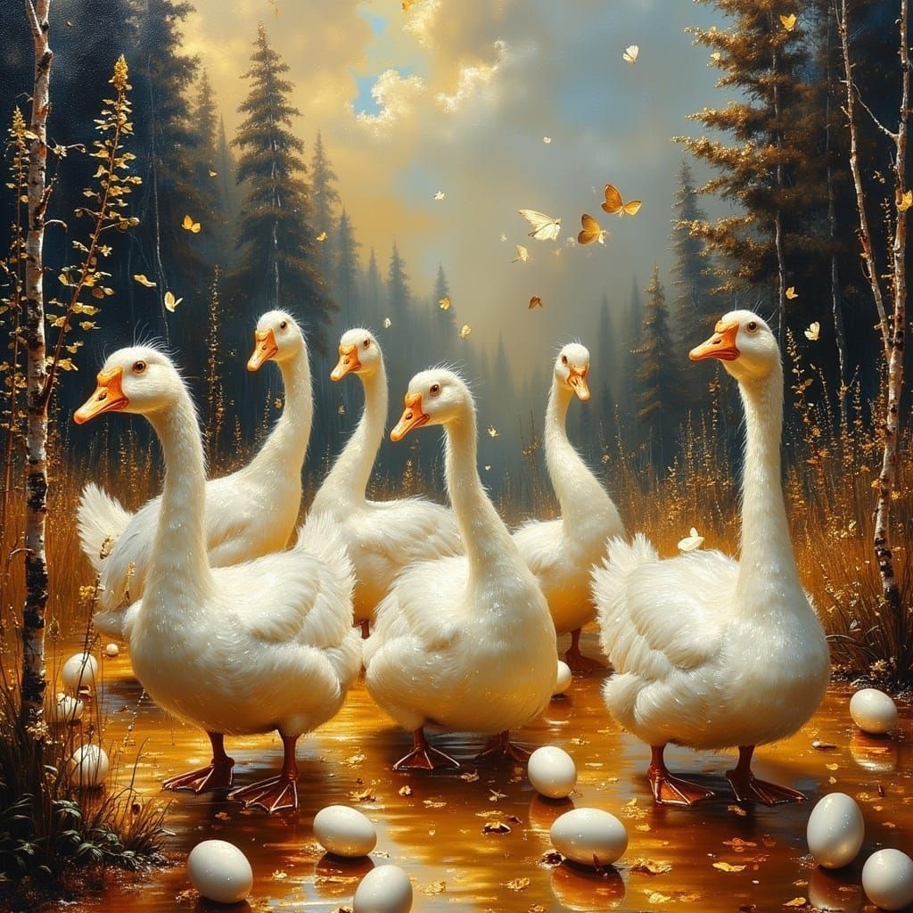 Melting Geese and Eggs in a Dreamlike Farmyard
