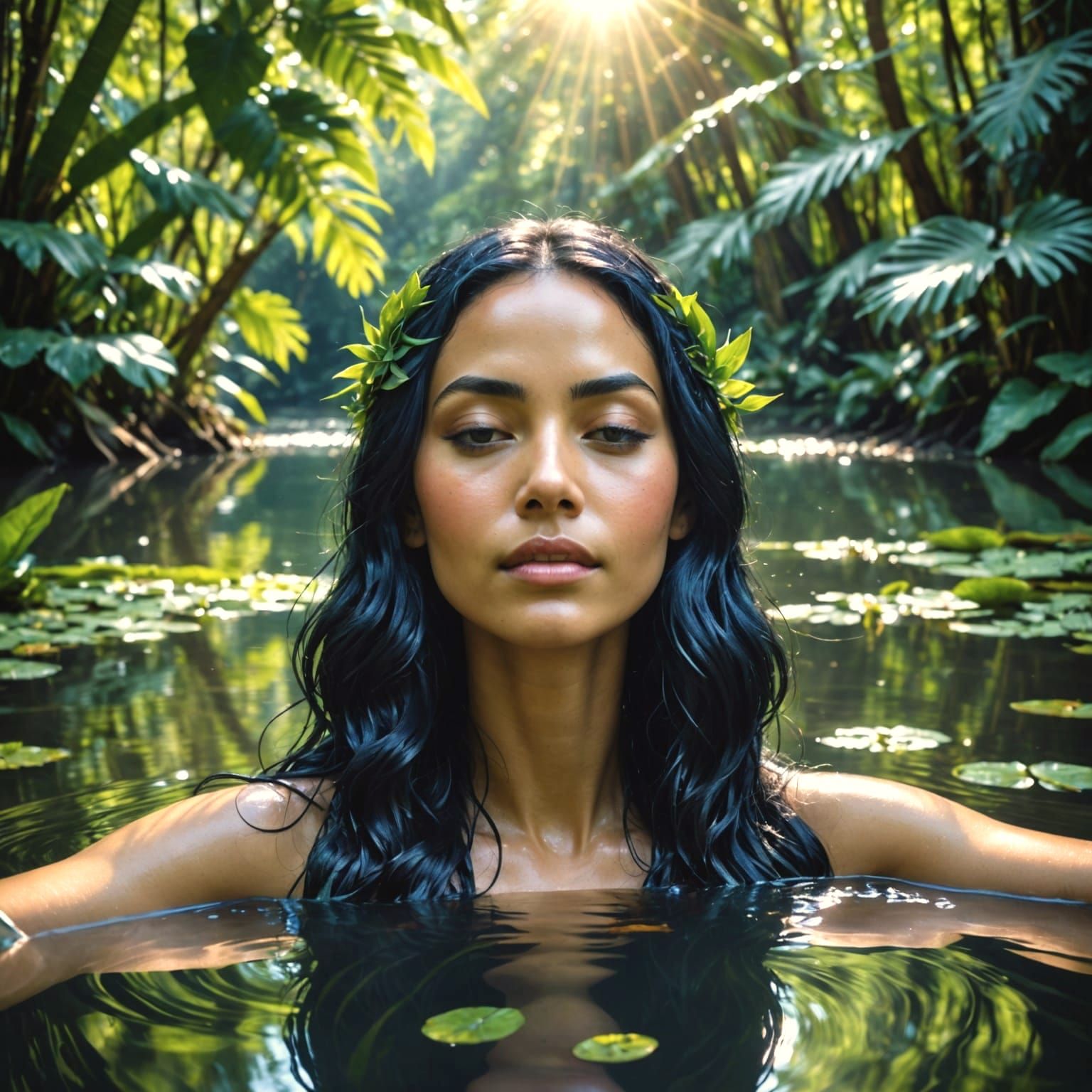 A Majestic Woman Surrounded by Tropical Foliage in Brilliant...