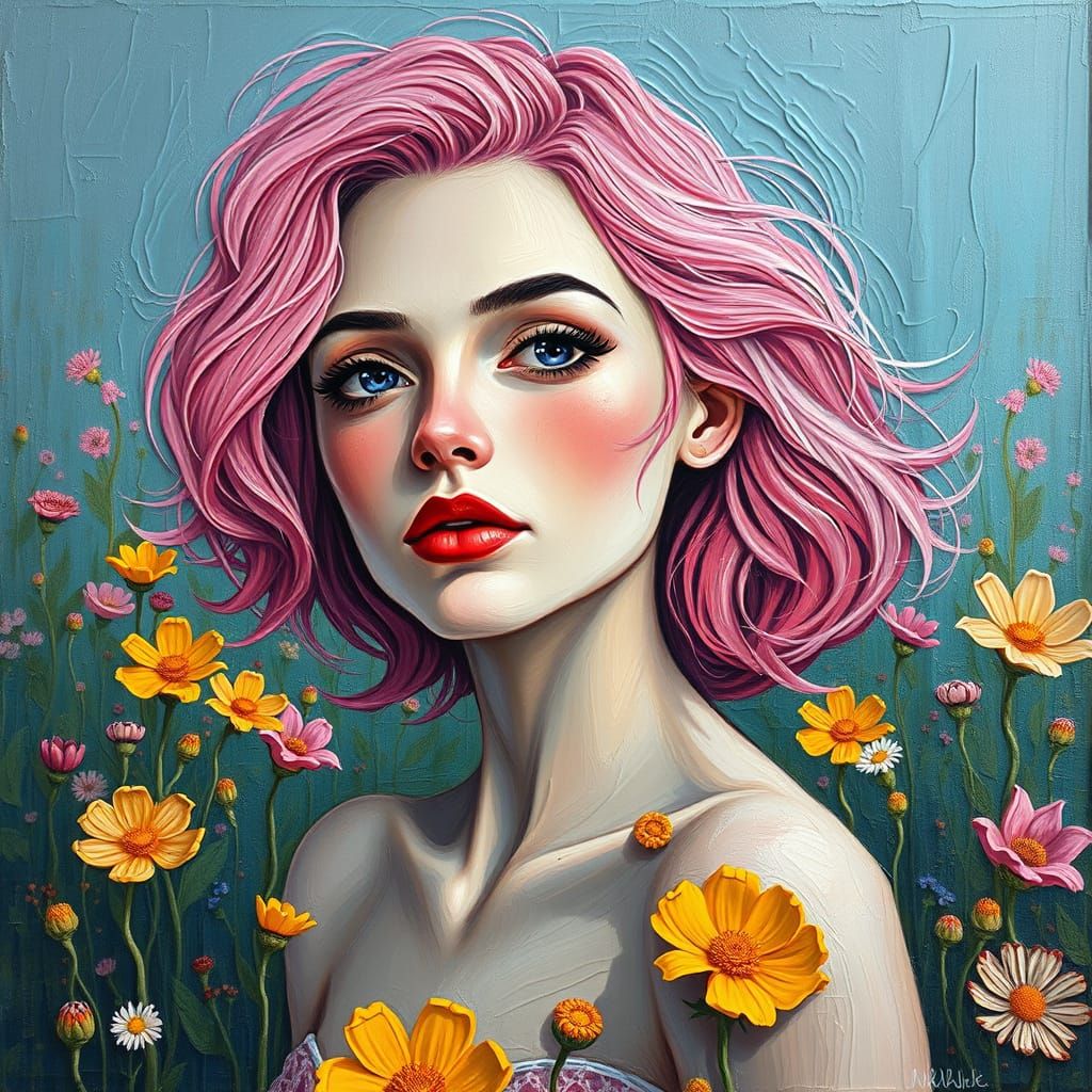 Pink Haired Woman in Floral Field as Impasto