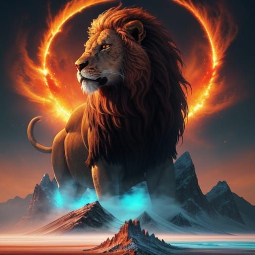 Fiery Lion God on Frozen Glacier: Epic Digital Art