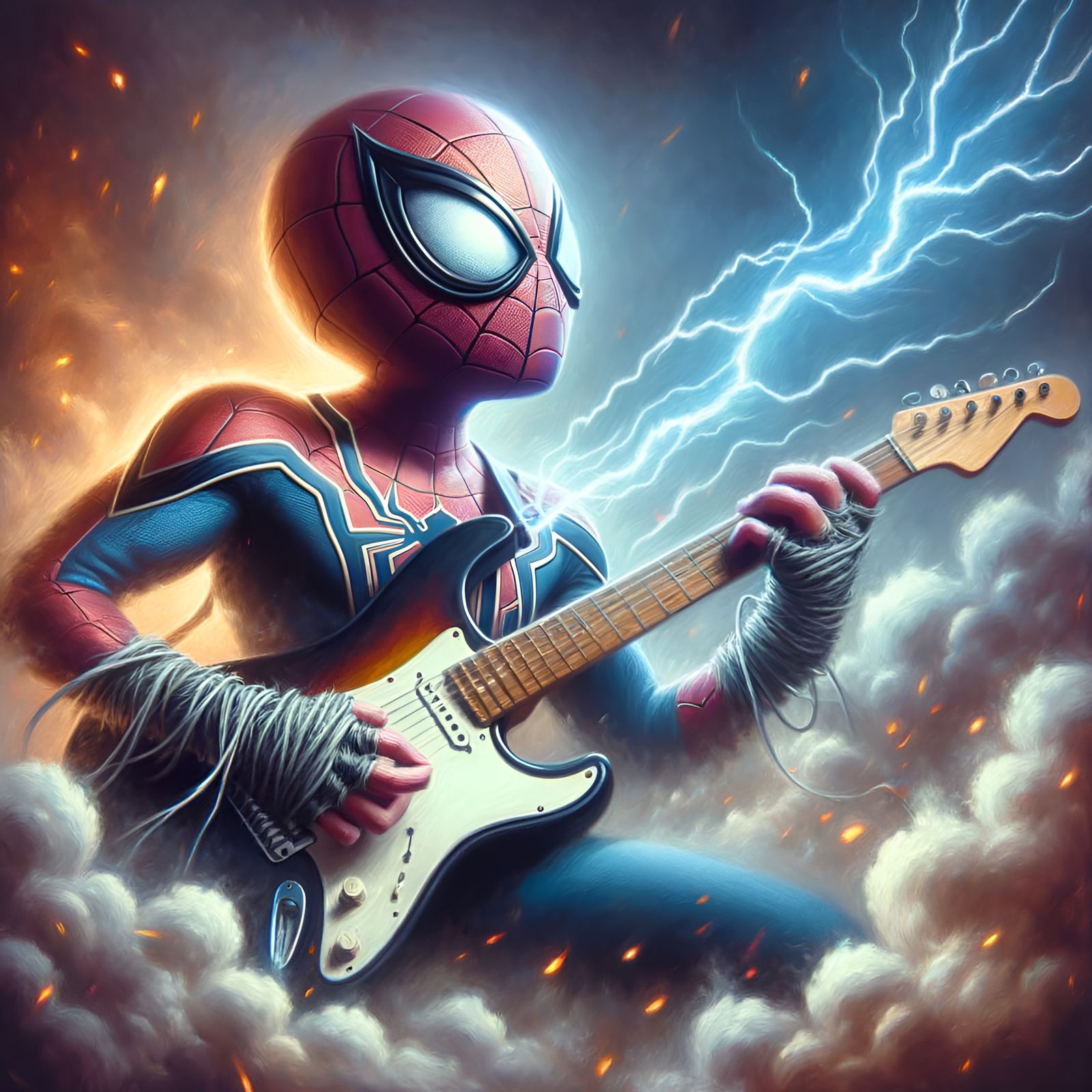 Spider Superhero Rocks Out as Oil Painting
