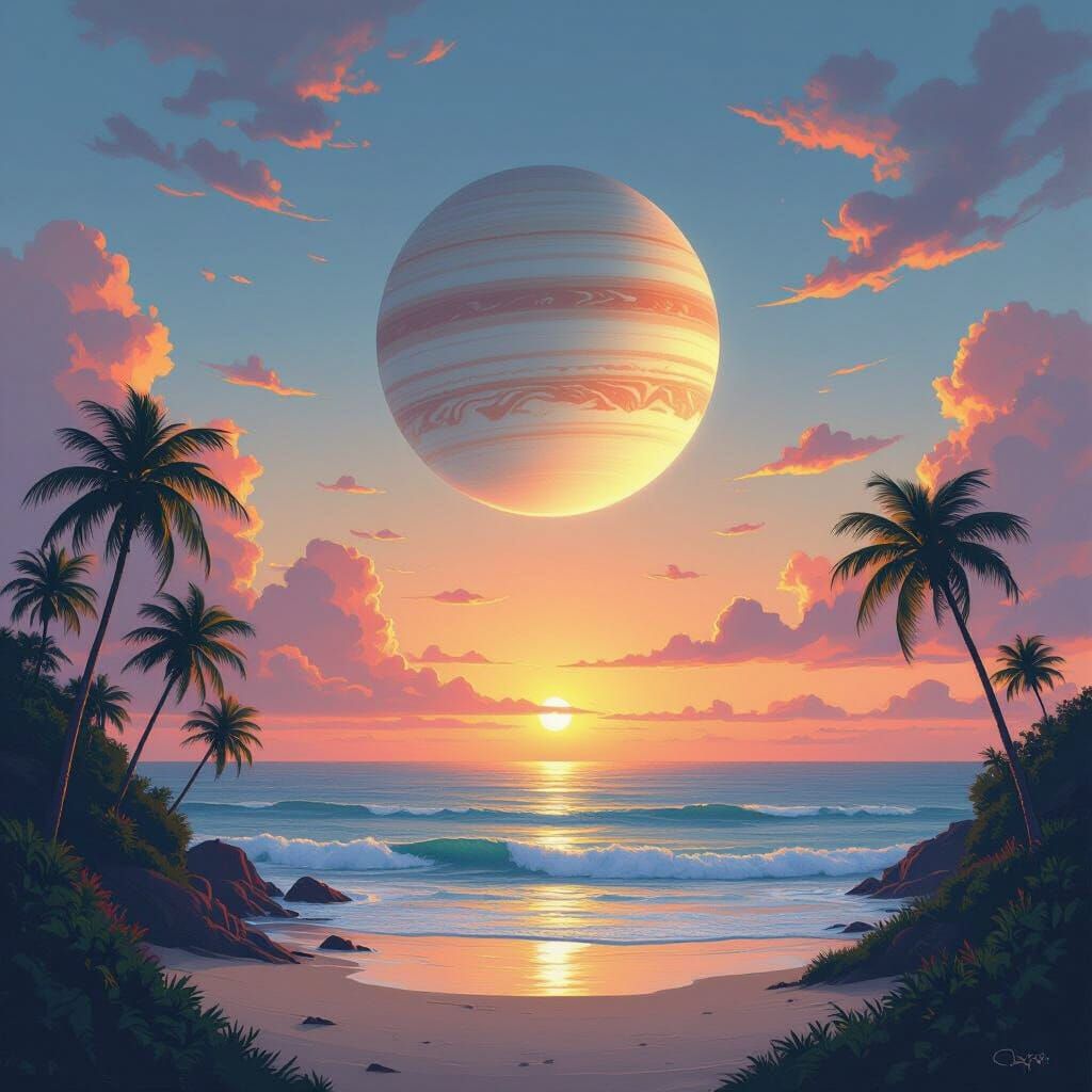 Ringed Planet Over Ocean in Whimsical Digital Art