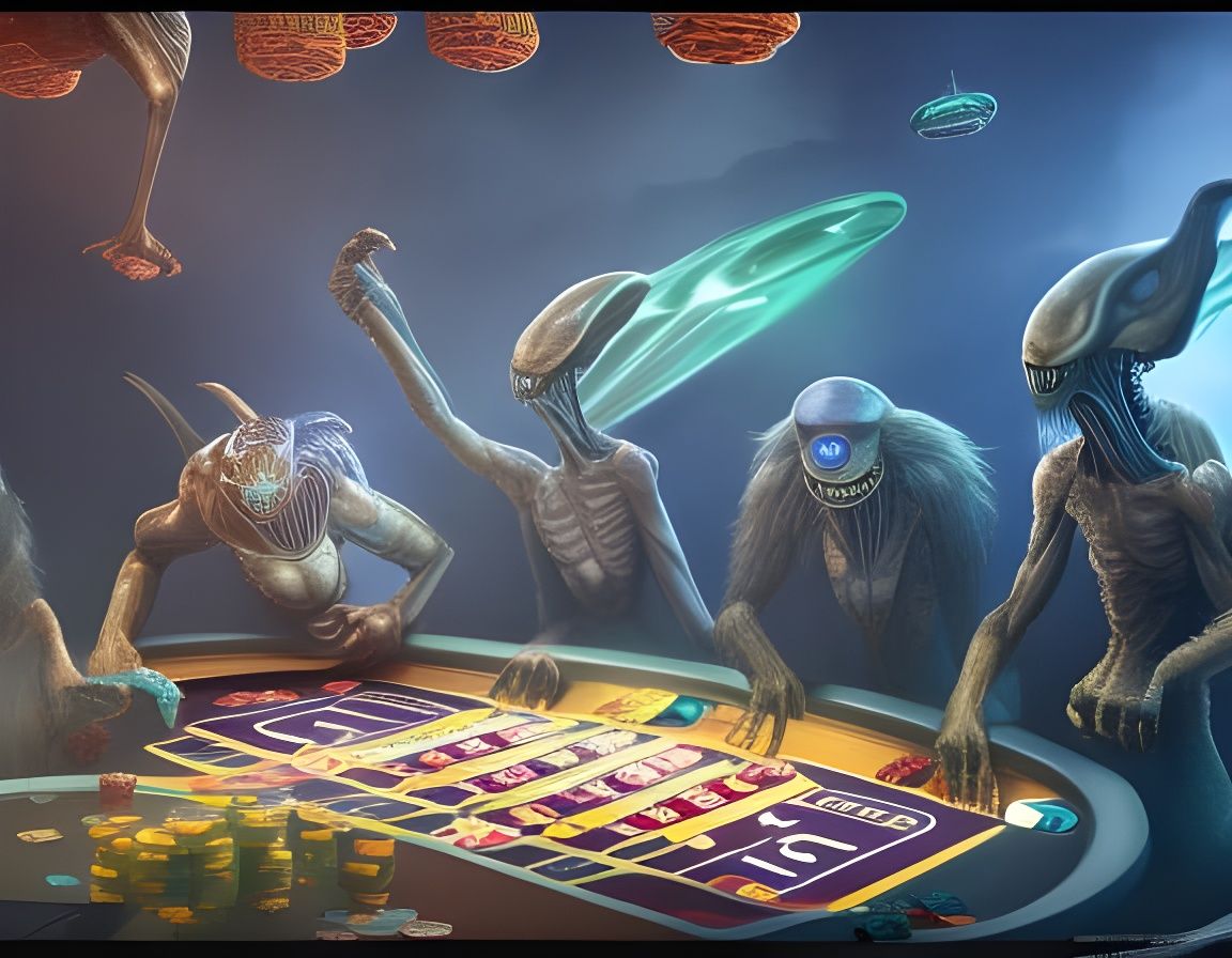 Aliens and Humans Gambling: Detailed Matte Painting