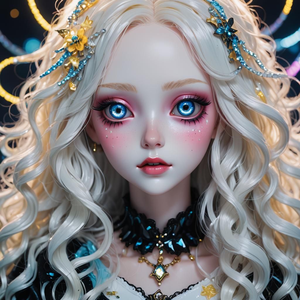 Anime Kawaii Horror Doll in Neon Lit Room