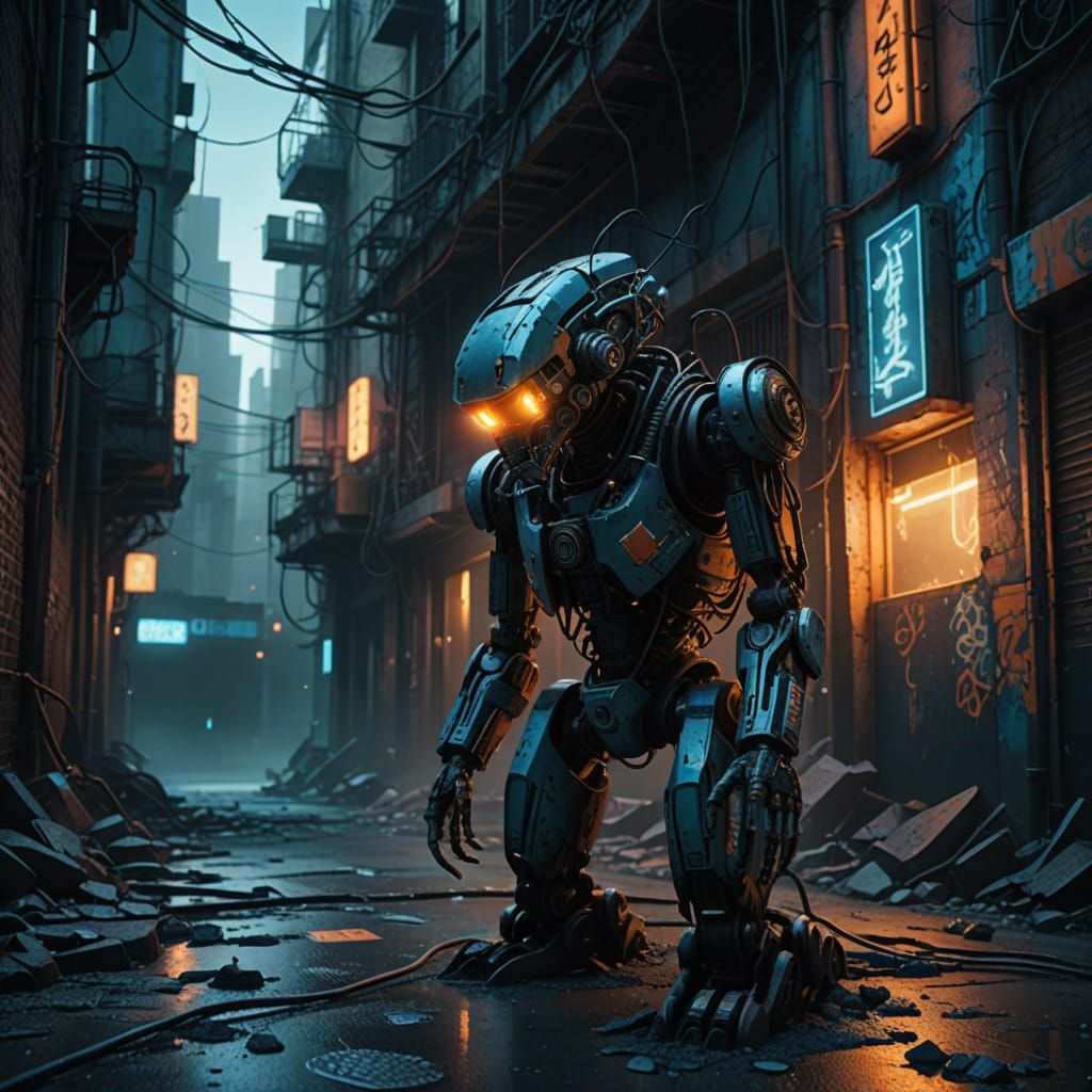 Gritty Cyberpunk Android Amidst Neon Graffiti