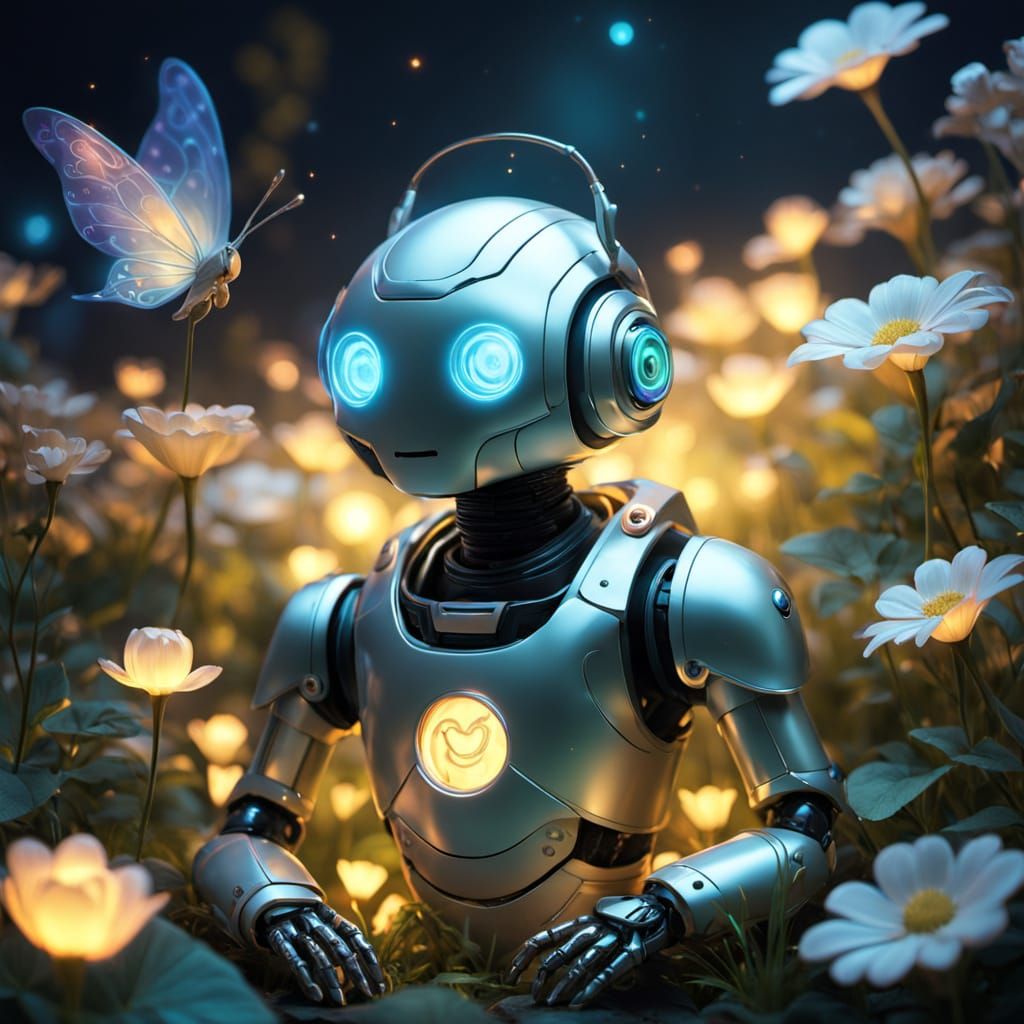 Glowing Robot Listens to Music in Fantasy Garden