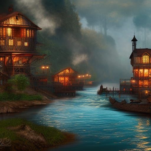 Fantastical River Scene with Steamboats