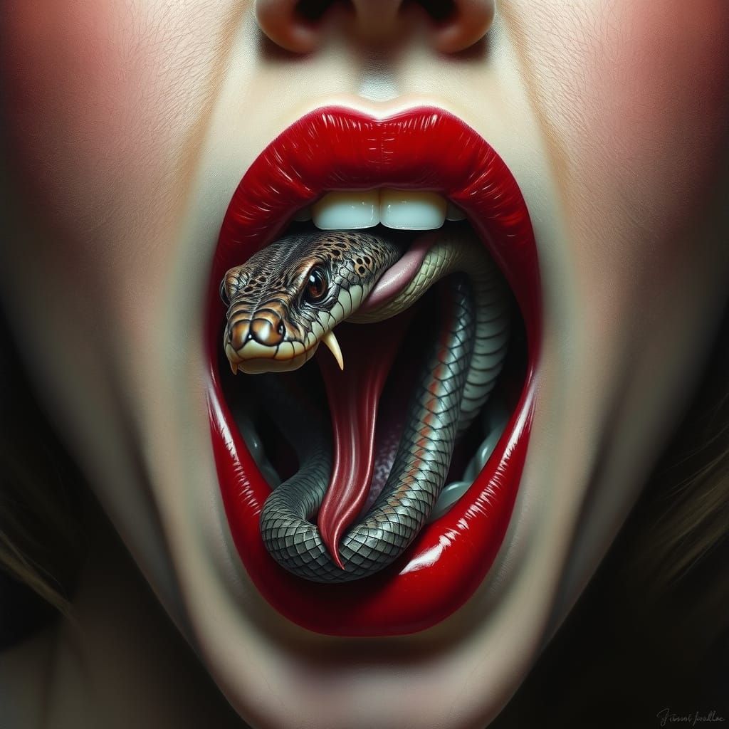Woman's Mouth With Snake Emerging, Photorealistic Style
