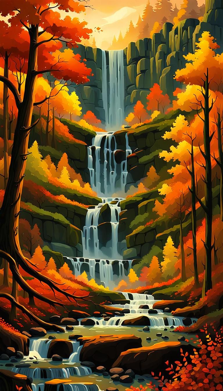 Giant Waterfall at Dusk: Autumn Forest Path in Oil