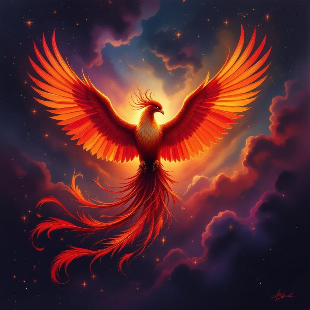 Majestic Phoenix Rises from Ashes in Fiery Oil Painting