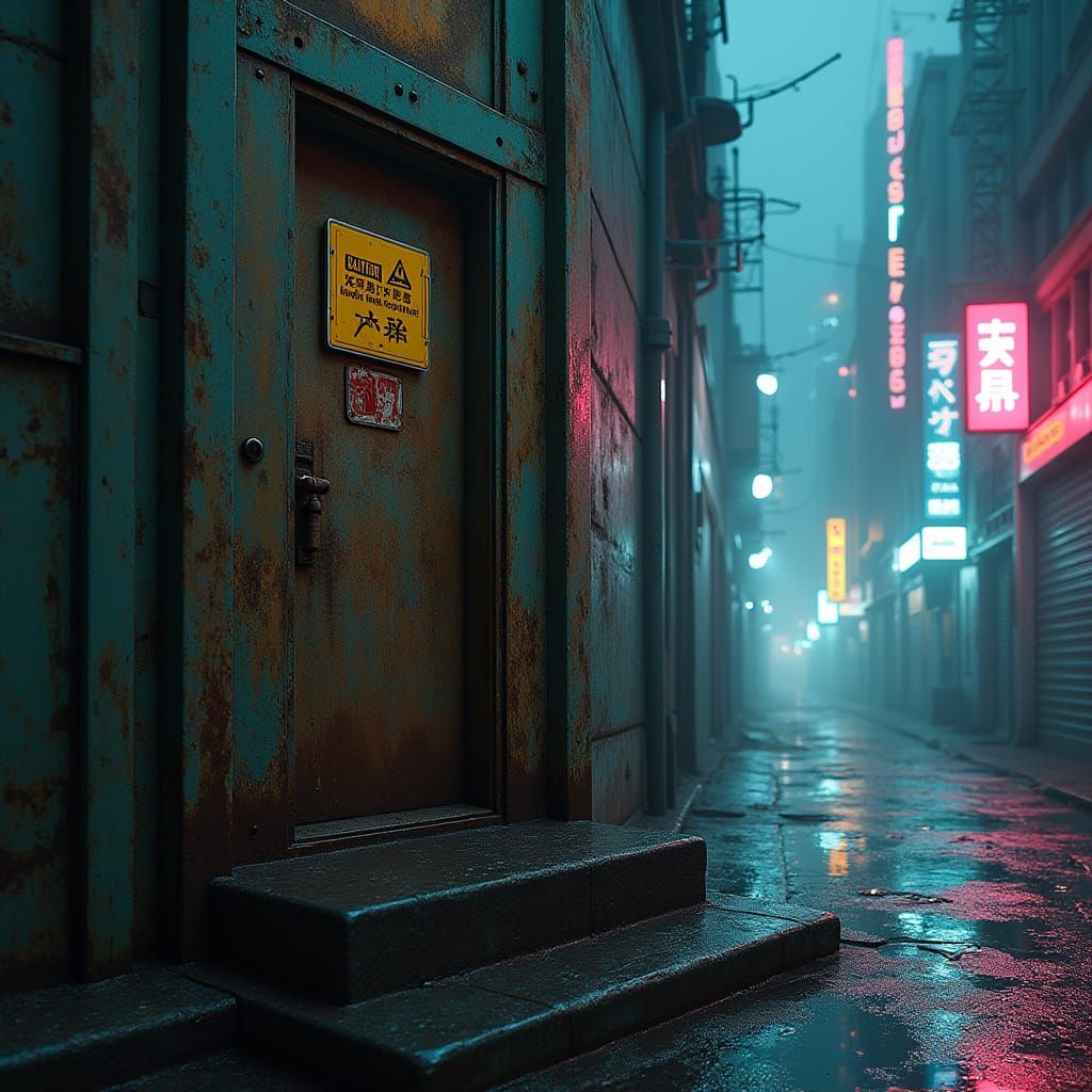 Synthwave City: Rusty Door with Neon Sign