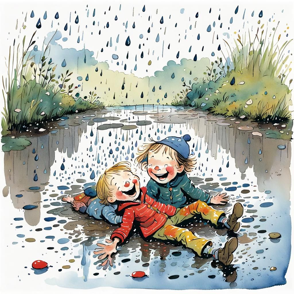 Children Laughing in Rain, Storybook Illustration by Blake