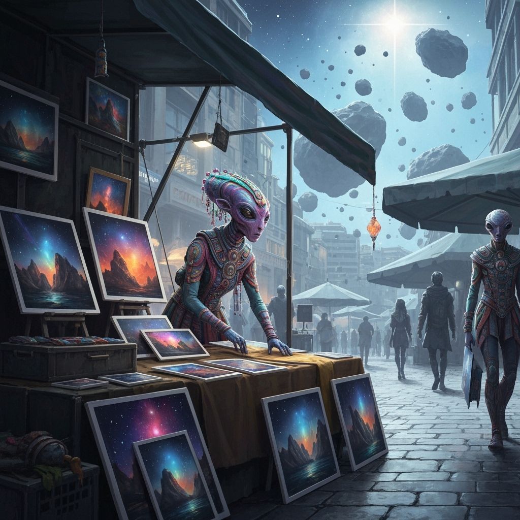Alien Vendor's Space Art Market: Colorful Digital Painting