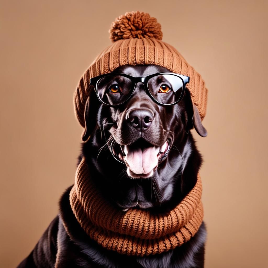 Labrador Retriever in Knitted Hat and Glasses