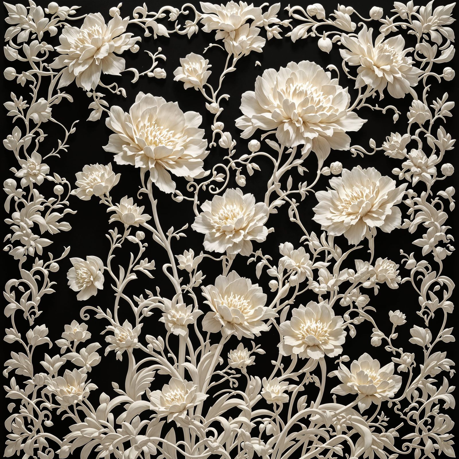 Sculptural Relief of Golden Flowers on Ebony