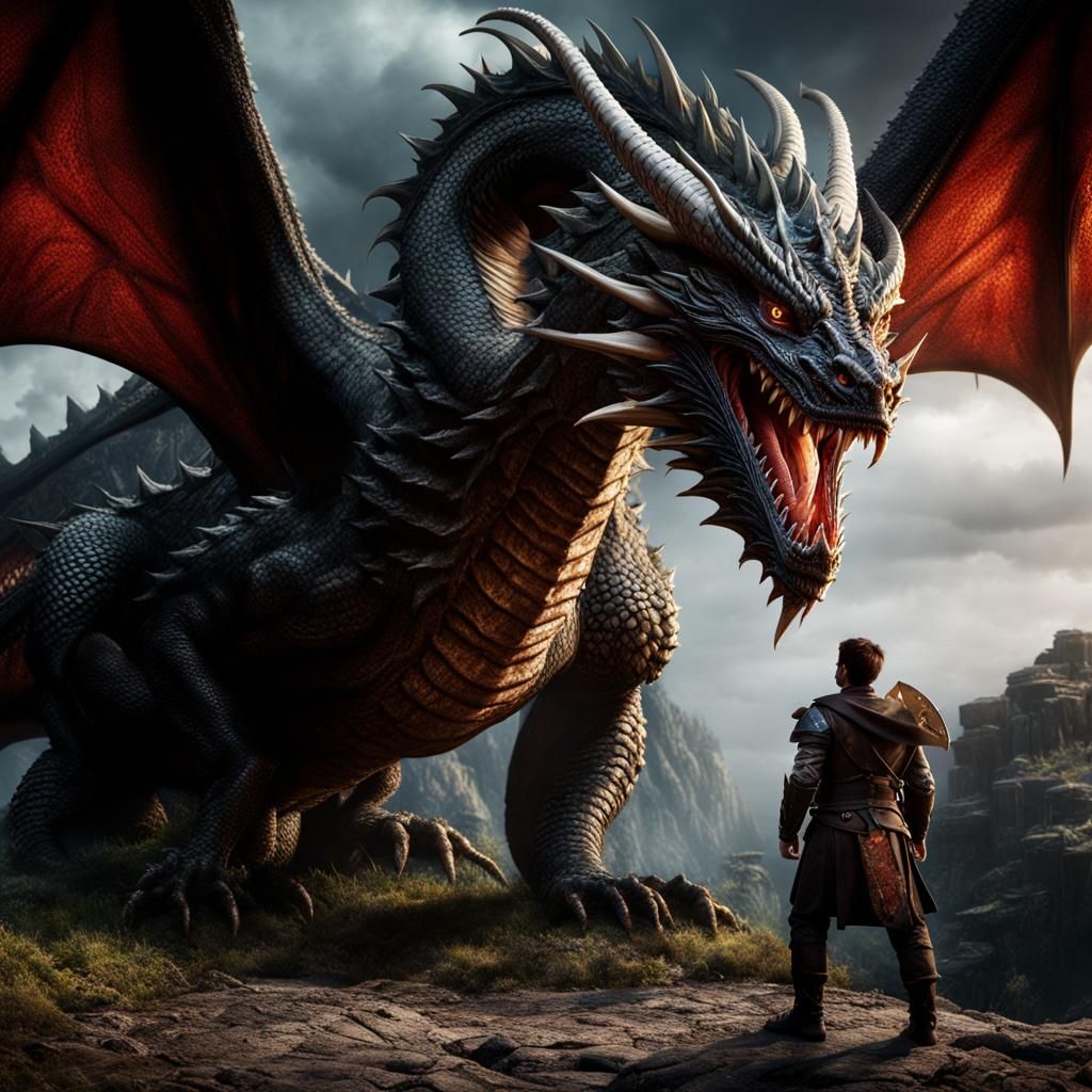 Vicious Dragon and Tiny Human, Detailed Matte Painting