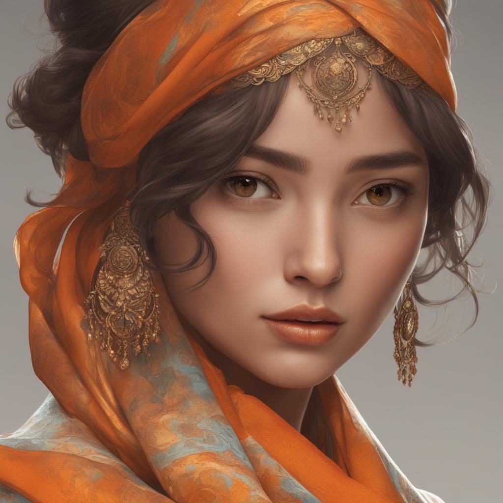 Close up of an elegant young woman wearing a Buddhist Orange scarf, flawless classical beauty, front lighting, a face ex...