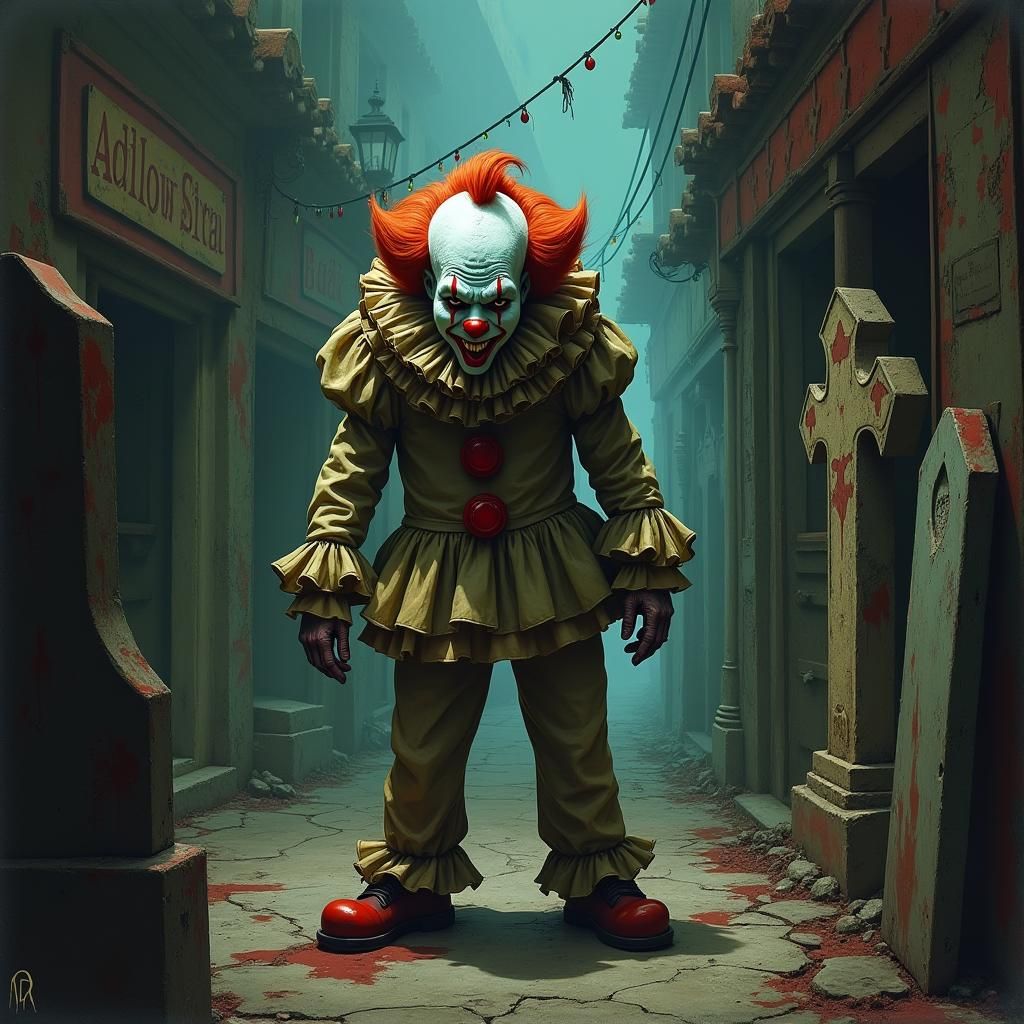 Sinister Clown in Dark Gothic Carnival Alleyway