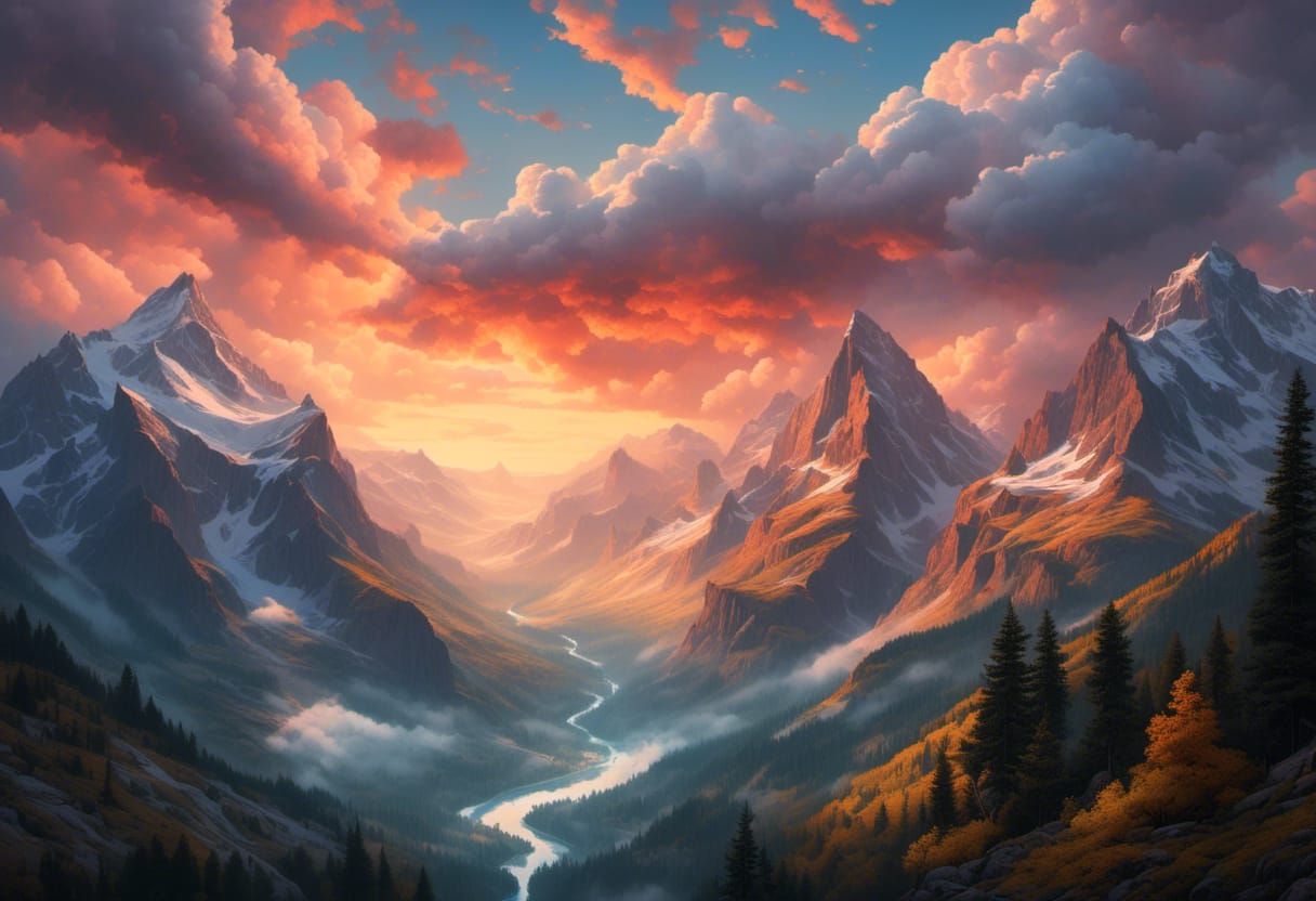 Majestic Mountain Landscape with Eagle in Vintage Style